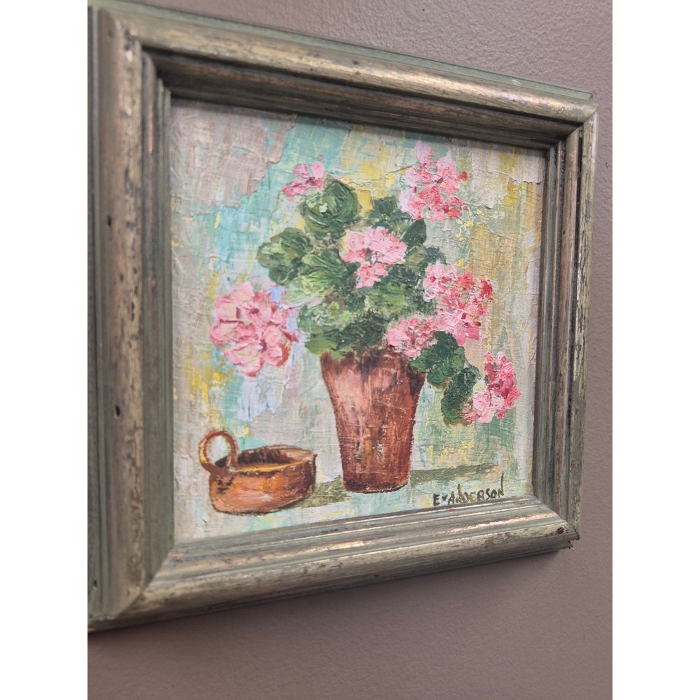 E. Anderson Signed Oil Painting Pink Geraniums Floral Still Life Framed Vintage